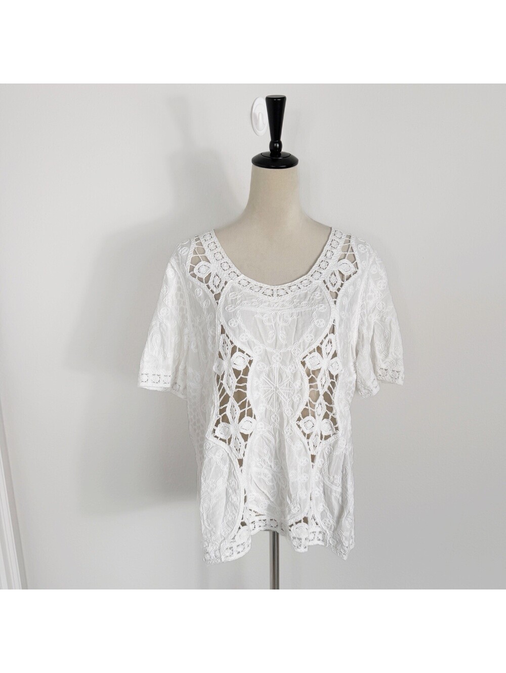 Chico's Womens Peasant Top Blouse Crochet Eyelet Boho White Coastal Sz 2 (12/14)
